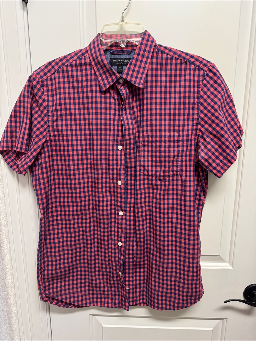 Banana Republic Men’s Short-Sleeve Check Button-Down in Coral and Navy